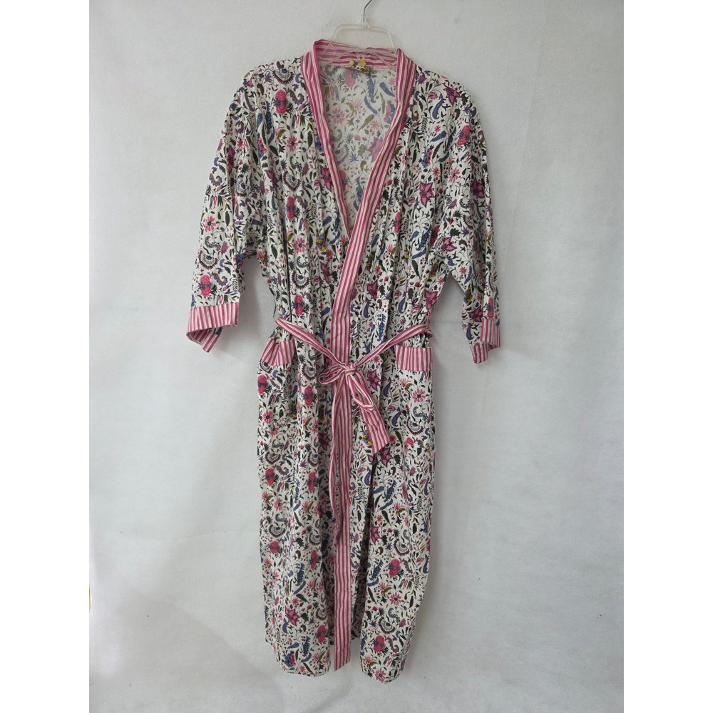 Roberta Roller Rabbit Robe Women M/L Pink Floral Paisley Cotton Tie Waist Pocket